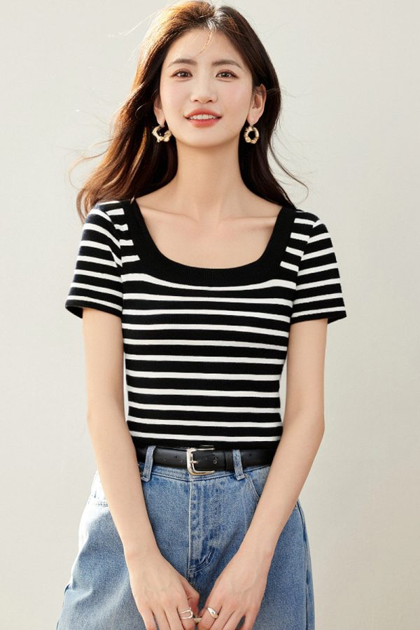 Square collar summer ice silk black-white retro tops