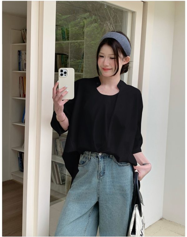 Loose France style shirt stand collar irregular hem tops